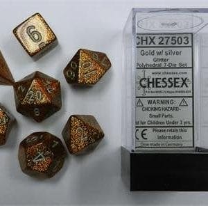 7-Piece RPG Dice Set: Glitter (Assorted Colours) Gold w/ Silver - Image 1