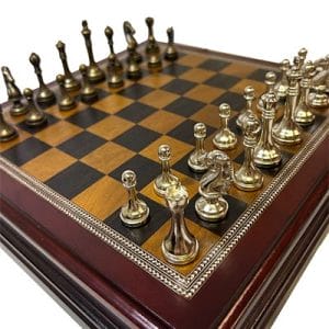 Chess Set 12" - Inlaid Burl Wood Board with Metal Pieces - Image 1